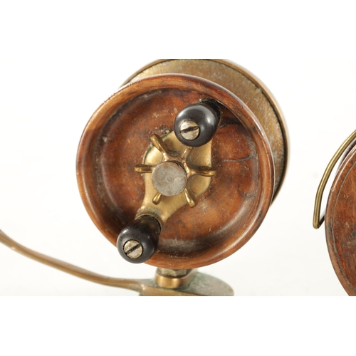 596 - A COLLECTION OF THREE 19TH CENTURY WOOD AND BRASS FISHING REELS, one by Alvey with a 4