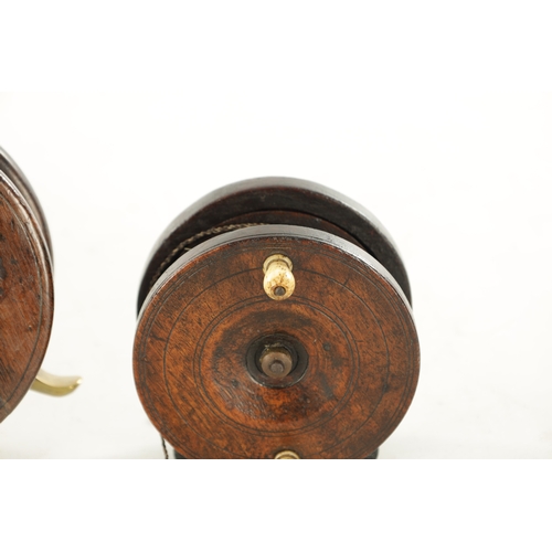 596 - A COLLECTION OF THREE 19TH CENTURY WOOD AND BRASS FISHING REELS, one by Alvey with a 4