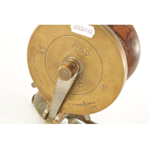 596 - A COLLECTION OF THREE 19TH CENTURY WOOD AND BRASS FISHING REELS, one by Alvey with a 4