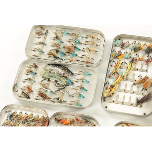 602 - A COLLECTION OF EIGHT VINTAGE FISHING FLY TINS CONTAINING VARIOUS FLIES, some signed J. Bernard, Pal... 