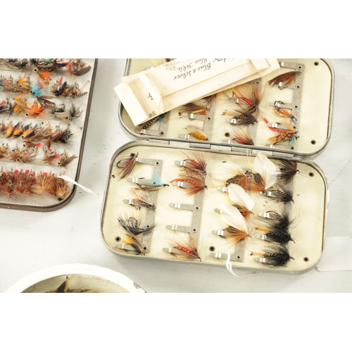 602 - A COLLECTION OF EIGHT VINTAGE FISHING FLY TINS CONTAINING VARIOUS FLIES, some signed J. Bernard, Pal... 