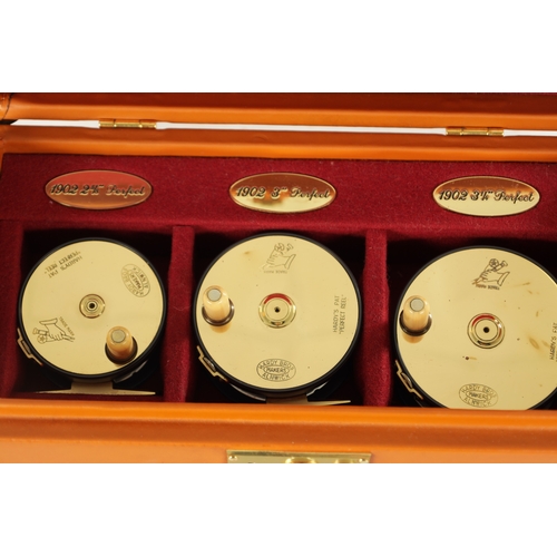 606 - A SET OF THREE HOUSE OF HARDY LEATHER CASED LIMITED EDITION PERFECT TROUT FLY REELS sizes 2 5/8