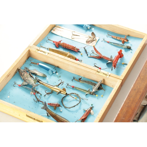 607 - A COLLECTION OF VINTAGE FISHING LURES AND MODERN SPINNERS in various cases and boxes.