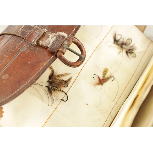 608 - THREE LEATHER FLY WALLETS containing various flies and lines. (3)