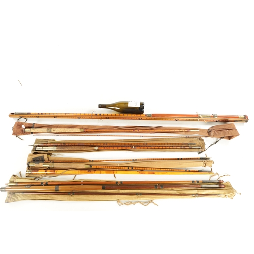 612 - A COLLECTION OF FIVE VINTAGE HARDY FISHING RODS, comprising of a split cane salmon rod in a wooden r... 