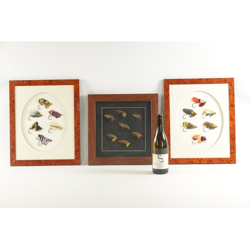 619 - THREE FRAMED WALL MOUNTED DISPLAYS OF SLAMON FISHING FLIES the pair inscribed on reverse 