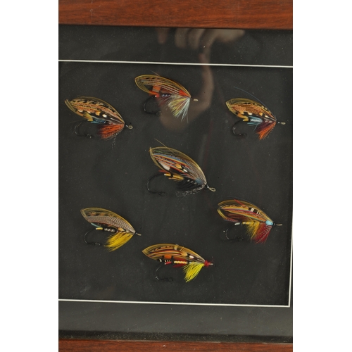 619 - THREE FRAMED WALL MOUNTED DISPLAYS OF SLAMON FISHING FLIES the pair inscribed on reverse 