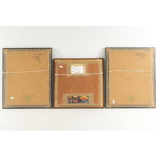 619 - THREE FRAMED WALL MOUNTED DISPLAYS OF SLAMON FISHING FLIES the pair inscribed on reverse 