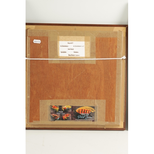 619 - THREE FRAMED WALL MOUNTED DISPLAYS OF SLAMON FISHING FLIES the pair inscribed on reverse 