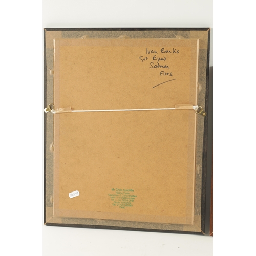 619 - THREE FRAMED WALL MOUNTED DISPLAYS OF SLAMON FISHING FLIES the pair inscribed on reverse 