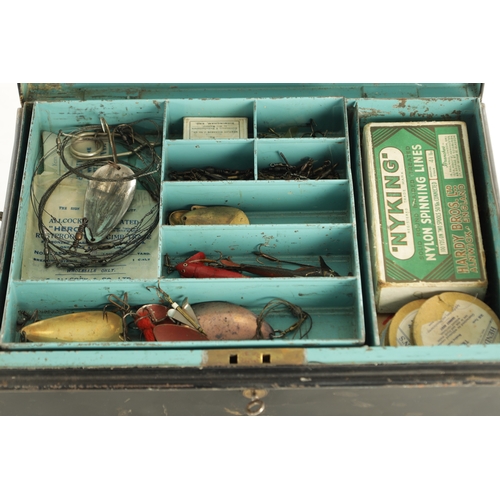 623 - A METAL BOX CONTAINING VARIOUS LURES, LINE AND ACCESSORIES (36cm wide)