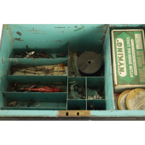 623 - A METAL BOX CONTAINING VARIOUS LURES, LINE AND ACCESSORIES (36cm wide)