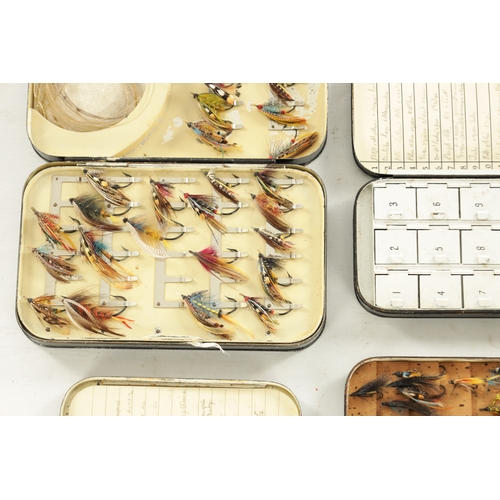 627 - SEVEN VINTAGE HARDY FISHING FLY TINS WITH VARIOUS SALMON AND TROUT FILES, all with oval name badges ... 