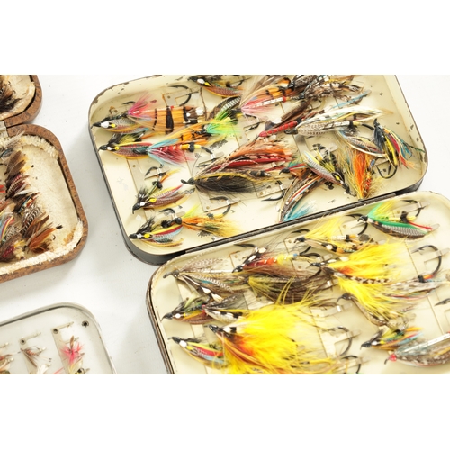 627 - SEVEN VINTAGE HARDY FISHING FLY TINS WITH VARIOUS SALMON AND TROUT FILES, all with oval name badges ... 