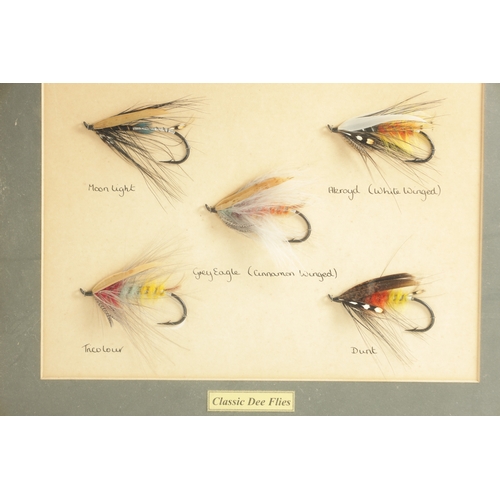 636 - THREE FRAMED WALL MOUNTED DISPLAYS OF SALMON FISHING FLIES. (3) (Largest measures 48cm high, 58.5cm ... 