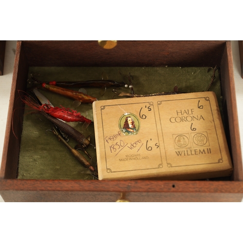 640 - A VINTAGE FISHING TACKLE BOX CONTAINING VARIOUS LURES with graduated drawers and hinged lid. (27cm h... 