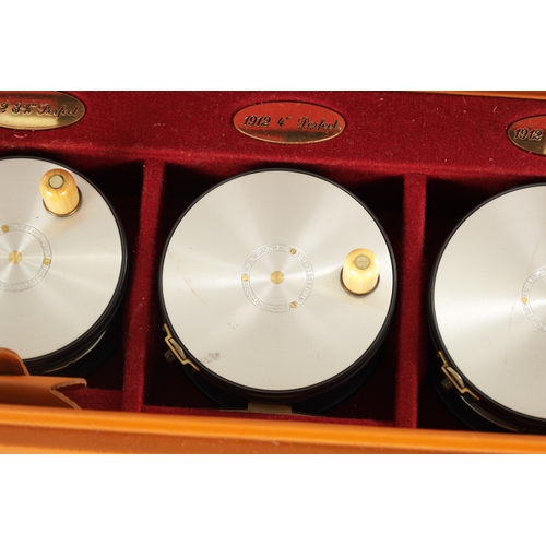 641 - A SET OF THREE HOUSE OF HARDY LEATHER CASED LIMITED EDITION PERFECT FLY FISHING REELS sizes 3 3/4