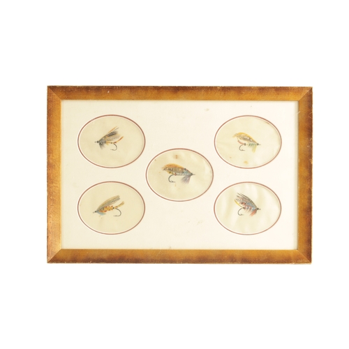 648 - A SET OF FIVE FRAMED LATE 19TH CENTURY PAINTED SILK PANELS OF SALMON FLIES mounted in a glazed gilt ... 