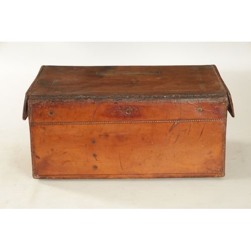 654 - A LARGE 19TH CENTURY LEATHER FISHING BOX BY HARDY BROS. with tooled leather decoration and brass loc... 