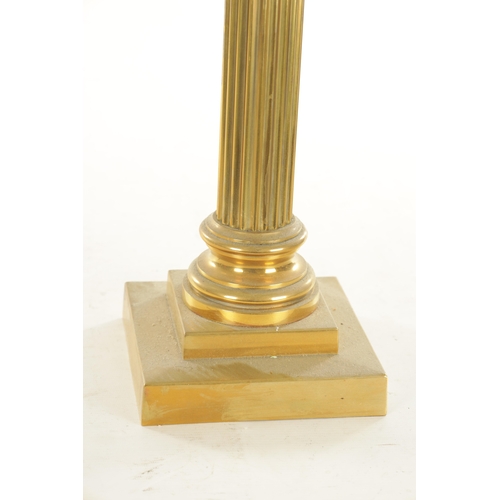 666 - A 19TH CENTURY BRASS CORINTHIAN COLUMN OIL LAMP with a glass tinted-shaped glass shade and cut glass... 