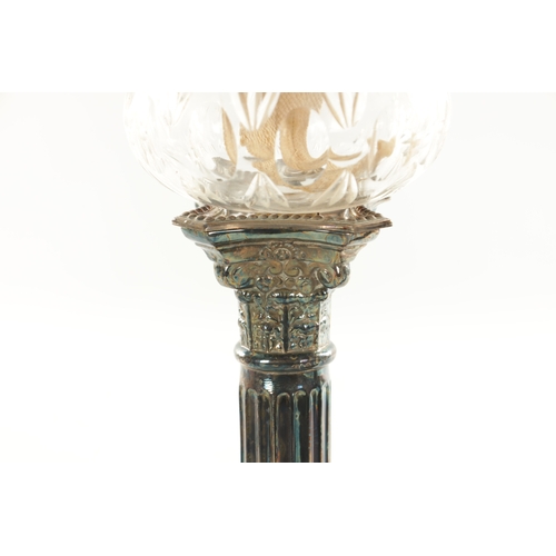 667 - A PAIR OF 19TH CENTURY SILVER PLATED CORINTHIAN COLUMN AND CUT GLASS PEG LAMPS with brass fittings a... 