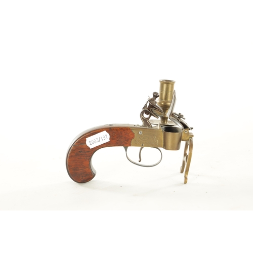 678 - A FLINTLOCK TINDER LIGHTER with side candle holder and walnut handle (13.5cm wide 10cm high )