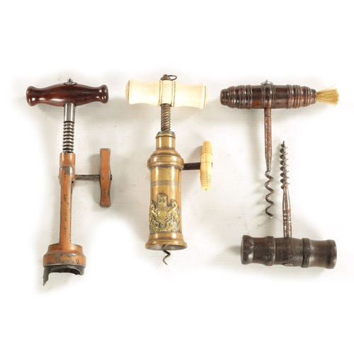 702 - A 19TH CENTURY KINGS PATTERN ADJUSTABLE CORKSCREW with bone handles TOGETHER WITH THREE OTHER CORKSC... 