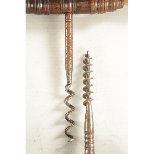 702 - A 19TH CENTURY KINGS PATTERN ADJUSTABLE CORKSCREW with bone handles TOGETHER WITH THREE OTHER CORKSC... 