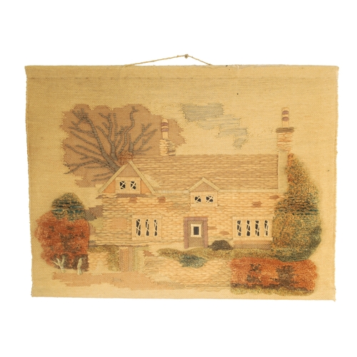 752 - A 19TH CENTURY EMBROIDERED WOOL STUMPWORK PICTURE OF A COUNTRY COTTAGE (100cm wide 75cm high )