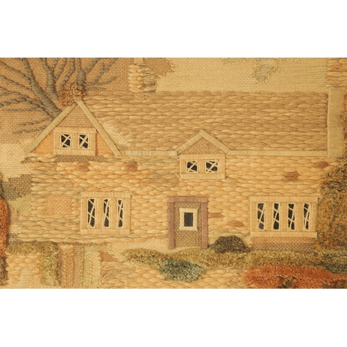 752 - A 19TH CENTURY EMBROIDERED WOOL STUMPWORK PICTURE OF A COUNTRY COTTAGE (100cm wide 75cm high )