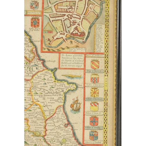 753 - AN EARLY JOHN SPEED COLOURED MAP OF THE NORTH & EAST RIDINGS OF YORKSHIRE 1676 edition by Bassett an... 