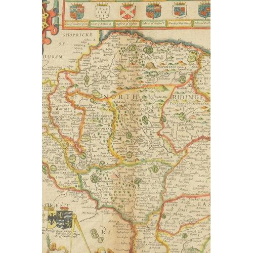 753 - AN EARLY JOHN SPEED COLOURED MAP OF THE NORTH & EAST RIDINGS OF YORKSHIRE 1676 edition by Bassett an... 