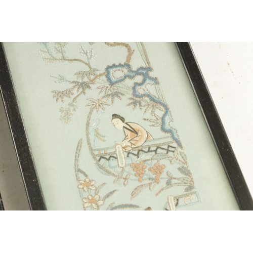 759 - A PAIR OF LATE 19TH CENTURY JAPANESE EMBROIDERED SILKWORK PICTURES - glazed frames (51cm high 13.5cm... 