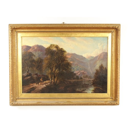 763 - JOHN JOSEPH HUGHES (1820-1909) A 19TH CENTURY OIL ON CANVAS MOUNTAINOUS RIVER LANDSCAPE WITH SHEPHER... 