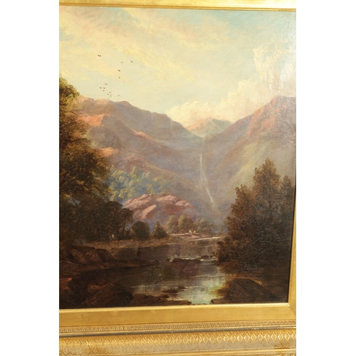 763 - JOHN JOSEPH HUGHES (1820-1909) A 19TH CENTURY OIL ON CANVAS MOUNTAINOUS RIVER LANDSCAPE WITH SHEPHER... 