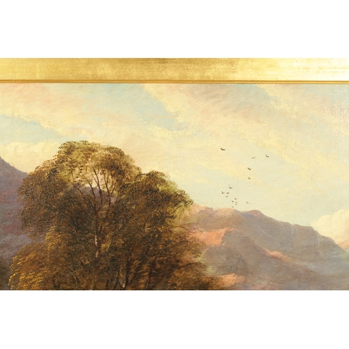 763 - JOHN JOSEPH HUGHES (1820-1909) A 19TH CENTURY OIL ON CANVAS MOUNTAINOUS RIVER LANDSCAPE WITH SHEPHER... 