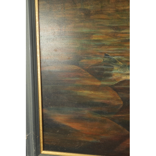 764 - CHRIS SHARP. AN OIL ON CANVAS ‘LEAPING SALMON’ - signed moulded ebonised frame. (59cm high 88.5cm wi... 