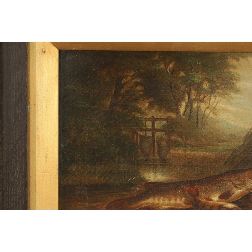 765 - A 19TH CENTURY OIL ON CANVAS CATCH OF THE DAY ON A RIVER BANK - signed, mounted in gilt moulded fram... 