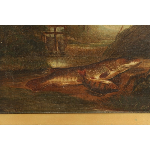 765 - A 19TH CENTURY OIL ON CANVAS CATCH OF THE DAY ON A RIVER BANK - signed, mounted in gilt moulded fram... 