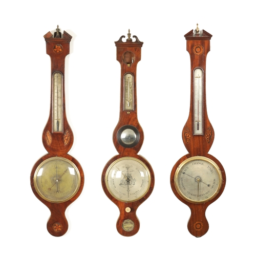 768 - A COLLECTION OF THREE GEORGIAN MAHOGANY WHEEL BAROMETERS, the shell inlaid cased barometers signed C... 