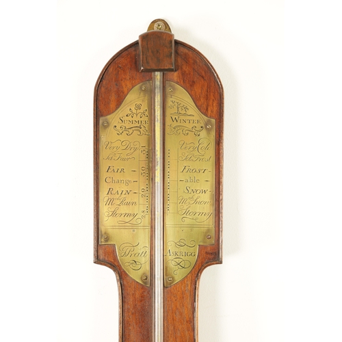 770 - PRATT, ASKRIGG. A GEORGIAN YORKSHIRE MADE STICK BAROMETER having an arched mahogany case with an eng... 