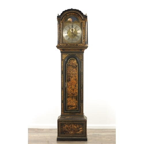 771 - GILES BENNETT, MALMESBURY. A GEORGE III AND LATER QUARTER CHIMING LACQUERED LONGCASE CLOCK, the chin... 