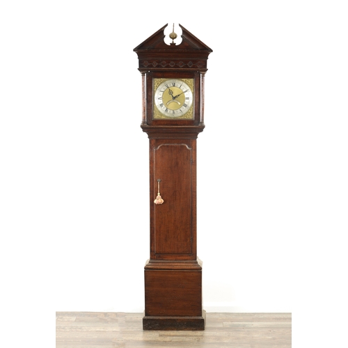 779 - JOHN POWLEY, ASBY. A GEORGE II OAK LONGCASE CLOCK is a small oak case with architectural pediment en... 