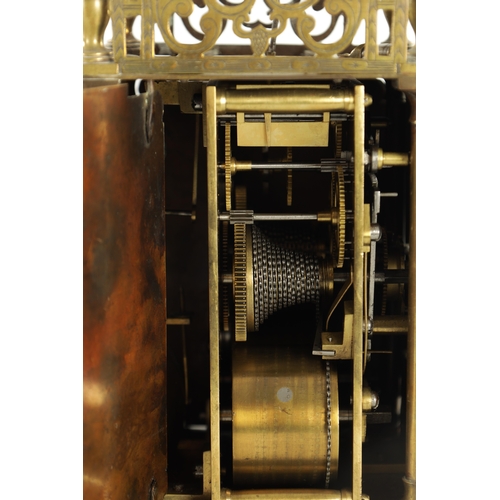 783 - J. BOOTH, LONDON. A 19TH CENTURY ENGLISH DOUBLE FUSEE LANTERN CLOCK, the brass case with Roman chapt... 