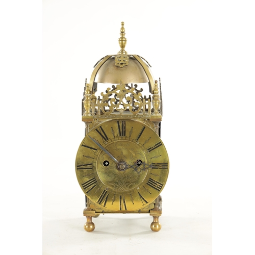 783 - J. BOOTH, LONDON. A 19TH CENTURY ENGLISH DOUBLE FUSEE LANTERN CLOCK, the brass case with Roman chapt... 