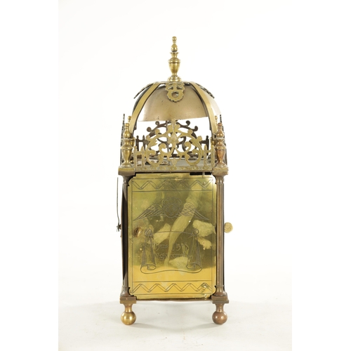 783 - J. BOOTH, LONDON. A 19TH CENTURY ENGLISH DOUBLE FUSEE LANTERN CLOCK, the brass case with Roman chapt... 