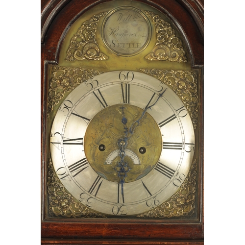 785 - WILLIAM HARGRAVES, SETTLE. A GEORGE III OAK EIGHT-DAY LONGCASE CLOCK the case with broken arched ped... 