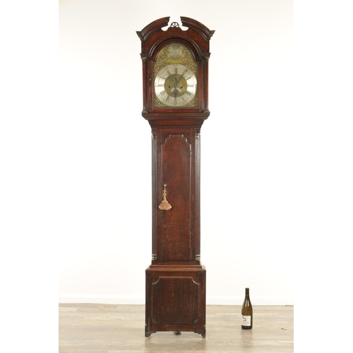 785 - WILLIAM HARGRAVES, SETTLE. A GEORGE III OAK EIGHT-DAY LONGCASE CLOCK the case with broken arched ped... 