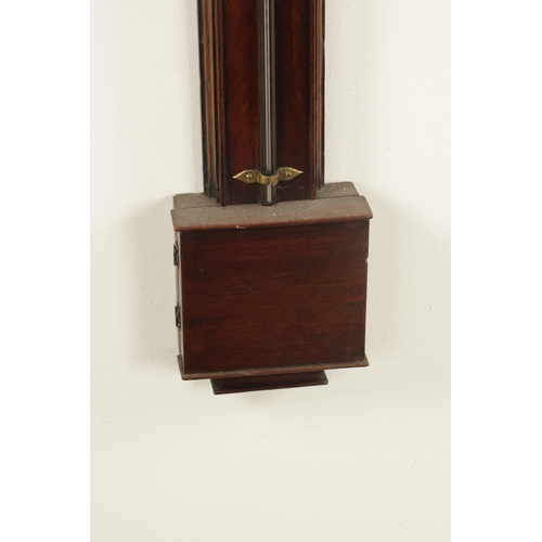 787 - WM. MOON FECIT. A GEORGE III PROVINCIAL WALNUT STICK BAROMETER with an architectural top, engraved s... 