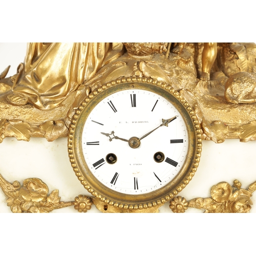 793 - A 19TH CENTURY FRENCH ORNATE GILT METAL AND WHITE MARBLE MANTEL CLOCK OF LARGE SIZE with figural top... 